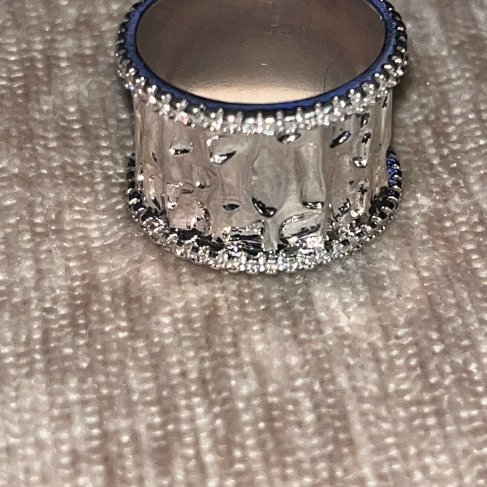Hammered Silver Wide Band Ring with Pavé Edge Accents - Silver - Picture 7 of 14